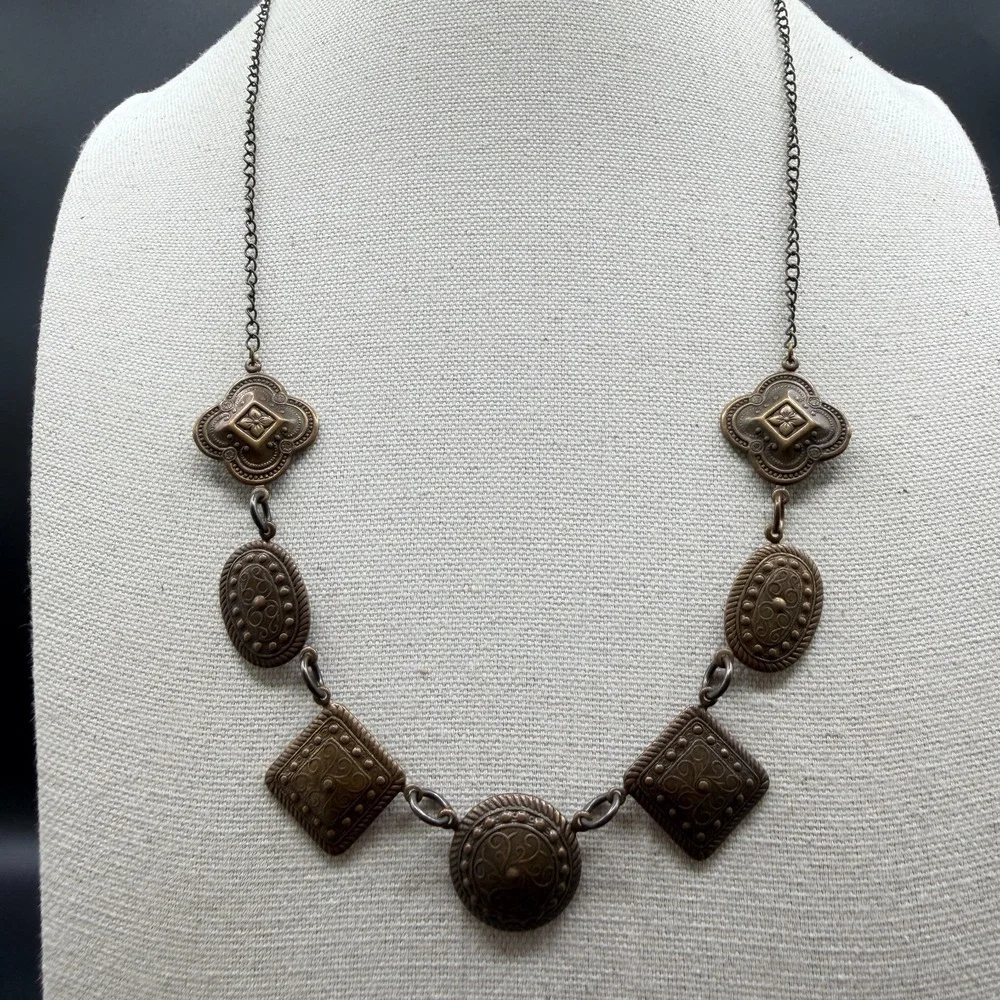 Bronze Tone Filigree Geometric Statement Necklace Boho Cottagecore Festival Gift